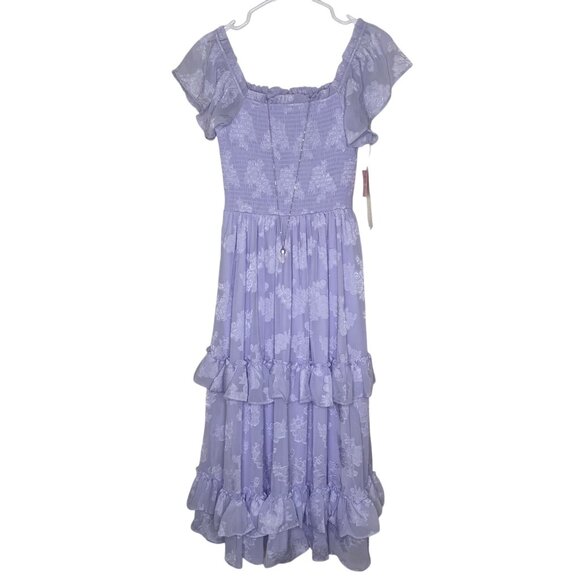 Rare Editions Lilac Ruffle Midi Lined Dress Size 12 Floral Burnout Smocked Flute - Picture 1 of 13